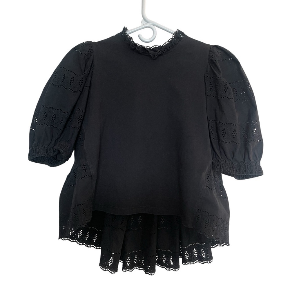 Anthropologie Othilia Idina Black Babydoll Ruffle gothicPuff Sleeve Eyelet Top S - Picture 8 of 8